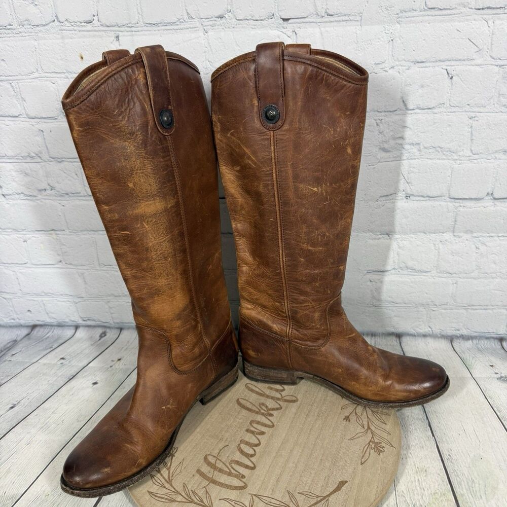 Frye Melissa Leather Riding Boots Women 7 Brown Distressed Button 2 Equestrian - Picture 10 of 16